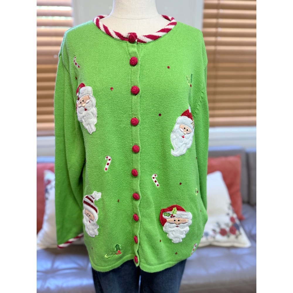 90s/Y2K Christmas Santa Cardigan Sweater Green 3X